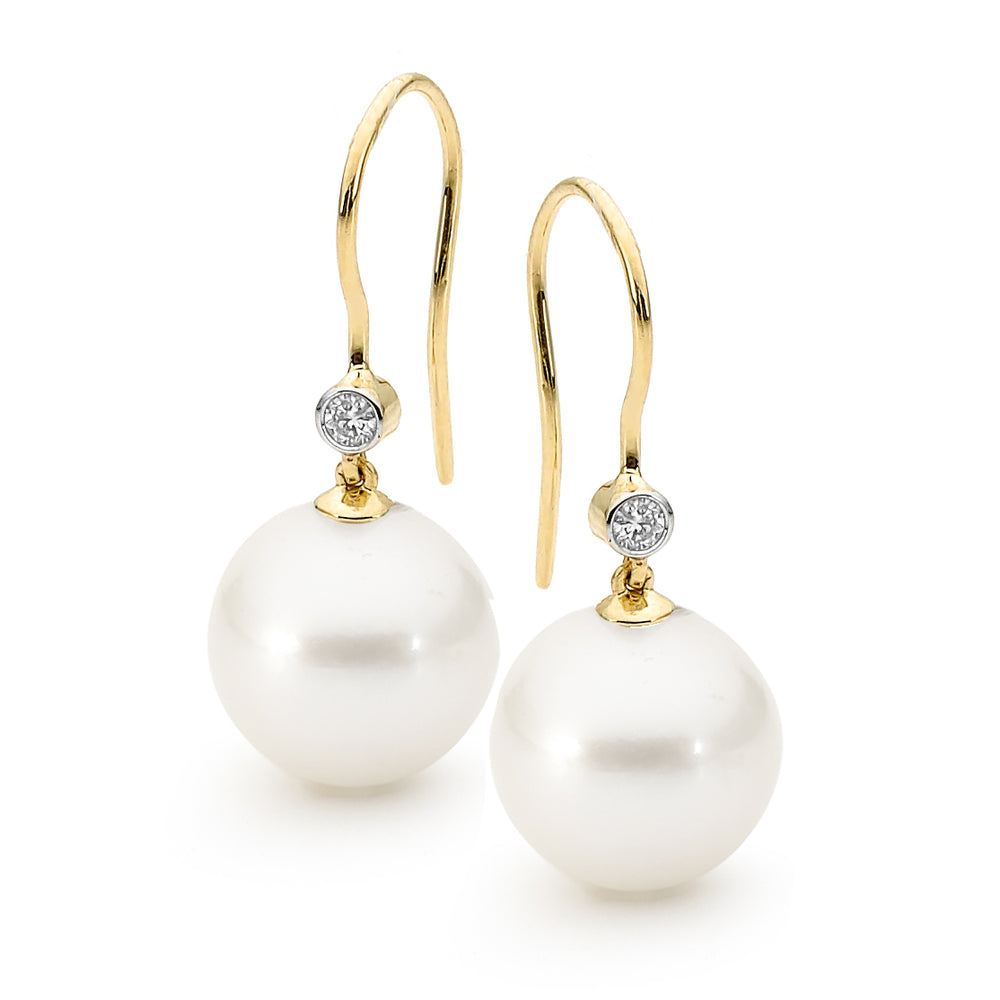 9ct YG White Pearl & Diamond Shep Hook Earrings