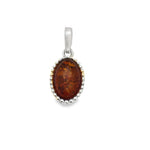 Silver Amber Oval Beaded Edge Pendant (No Chain)