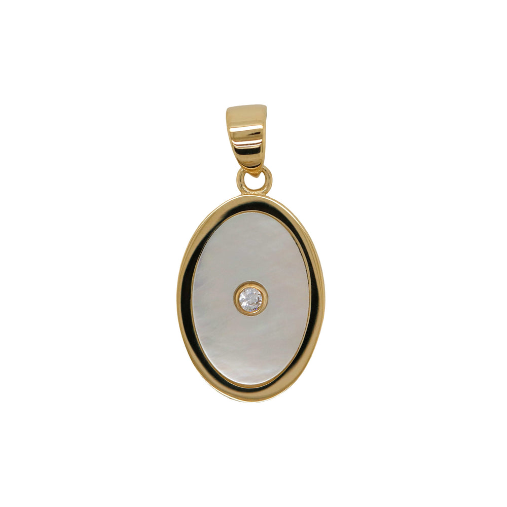 9ct Yellow Gold Oval Mother Of Pearl Pendant With Bezel Set Cubic Zirconia