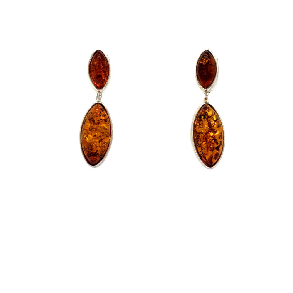Silver Oval Amber Bezel Set Double Teardrop Stud Earrings