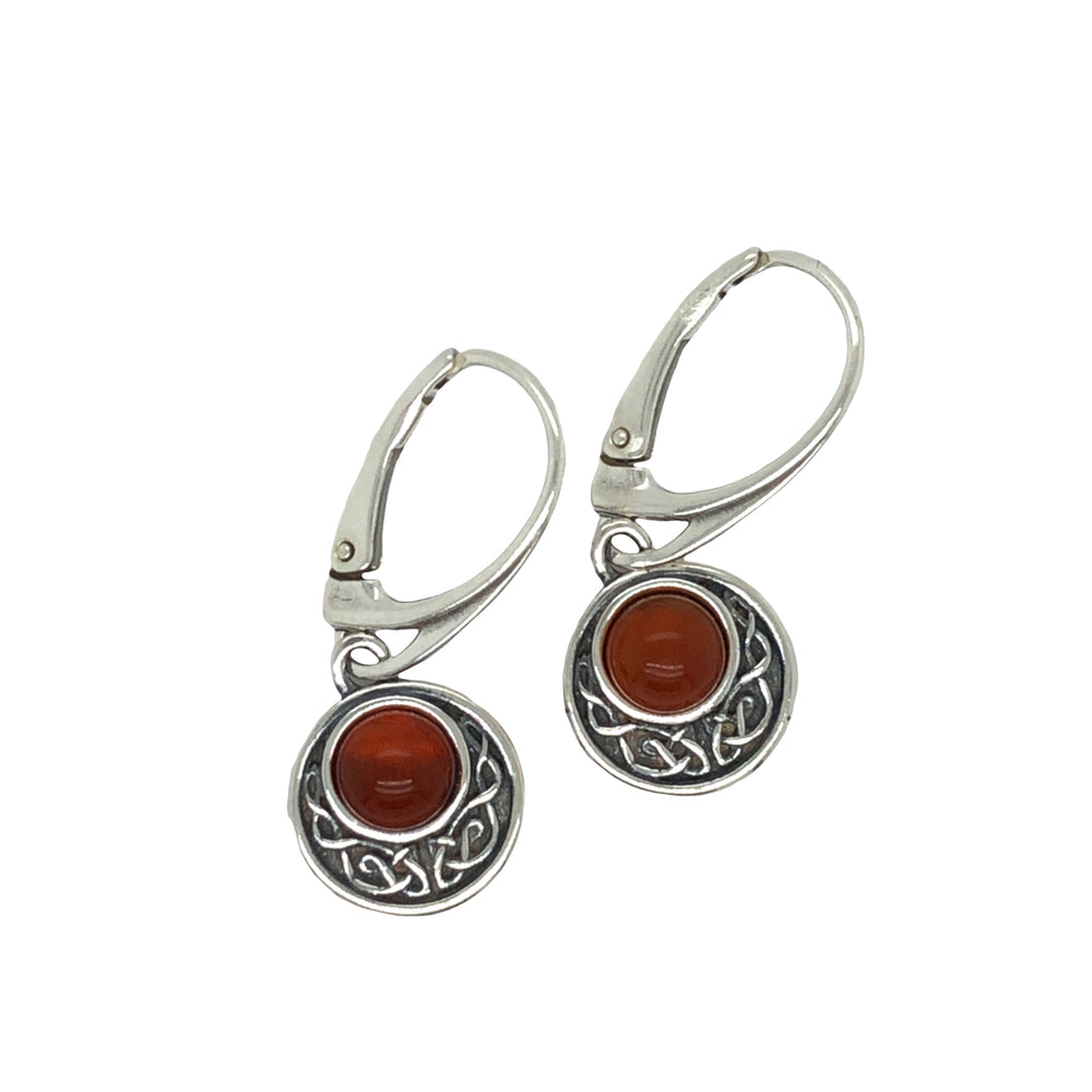 Silver Round Amber with Oxidised Pattern - Drop Earrings