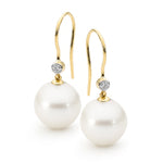 9ct YG White Pearl & Diamond Shep Hook Earrings
