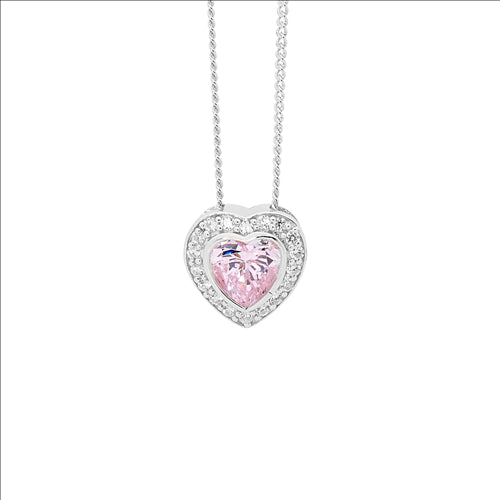 Sterling Silver Pink Cubic Zirconia Heart Pendant & Chain