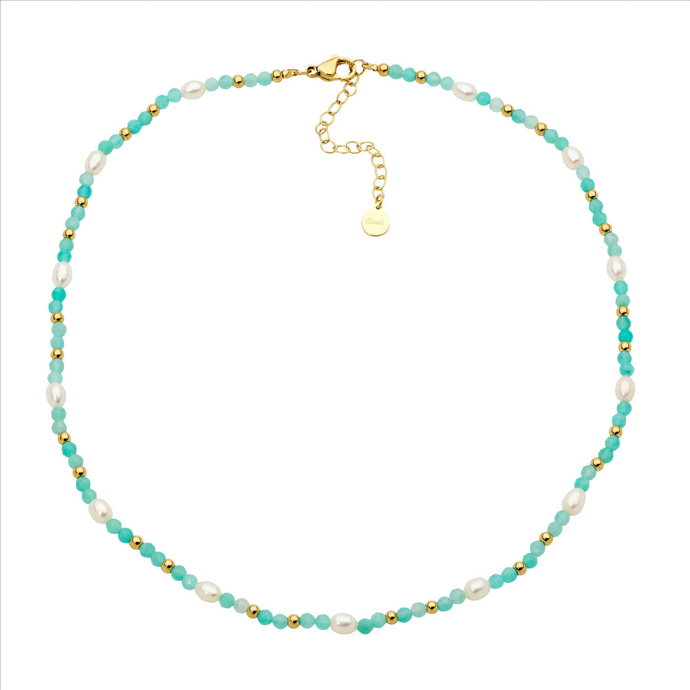 Ellani Gold Amazonite and Freshwater Pearl Beaded 40cm + 5cm Ext Necklace