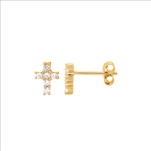 SS CZ claw set small cross stud earrings w/ gold plating