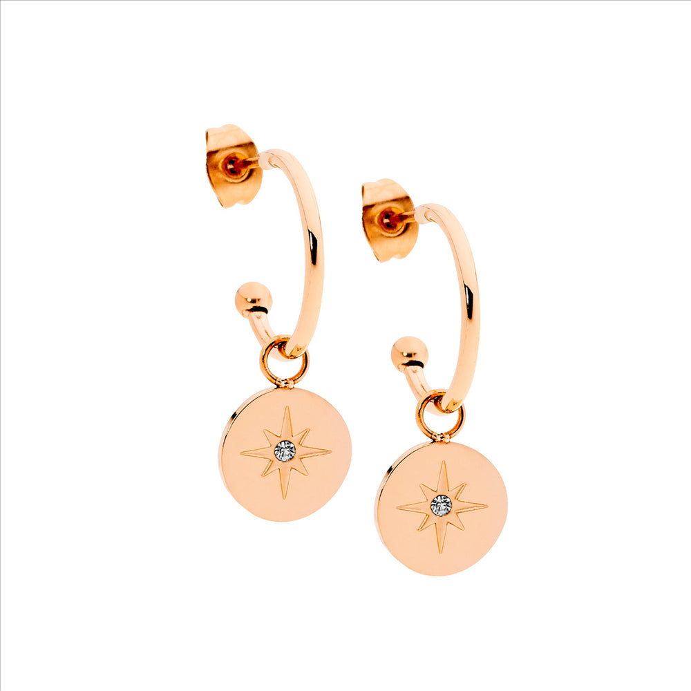 Stainless Steel Rose Gold Plated CZ Disk Drop Earring