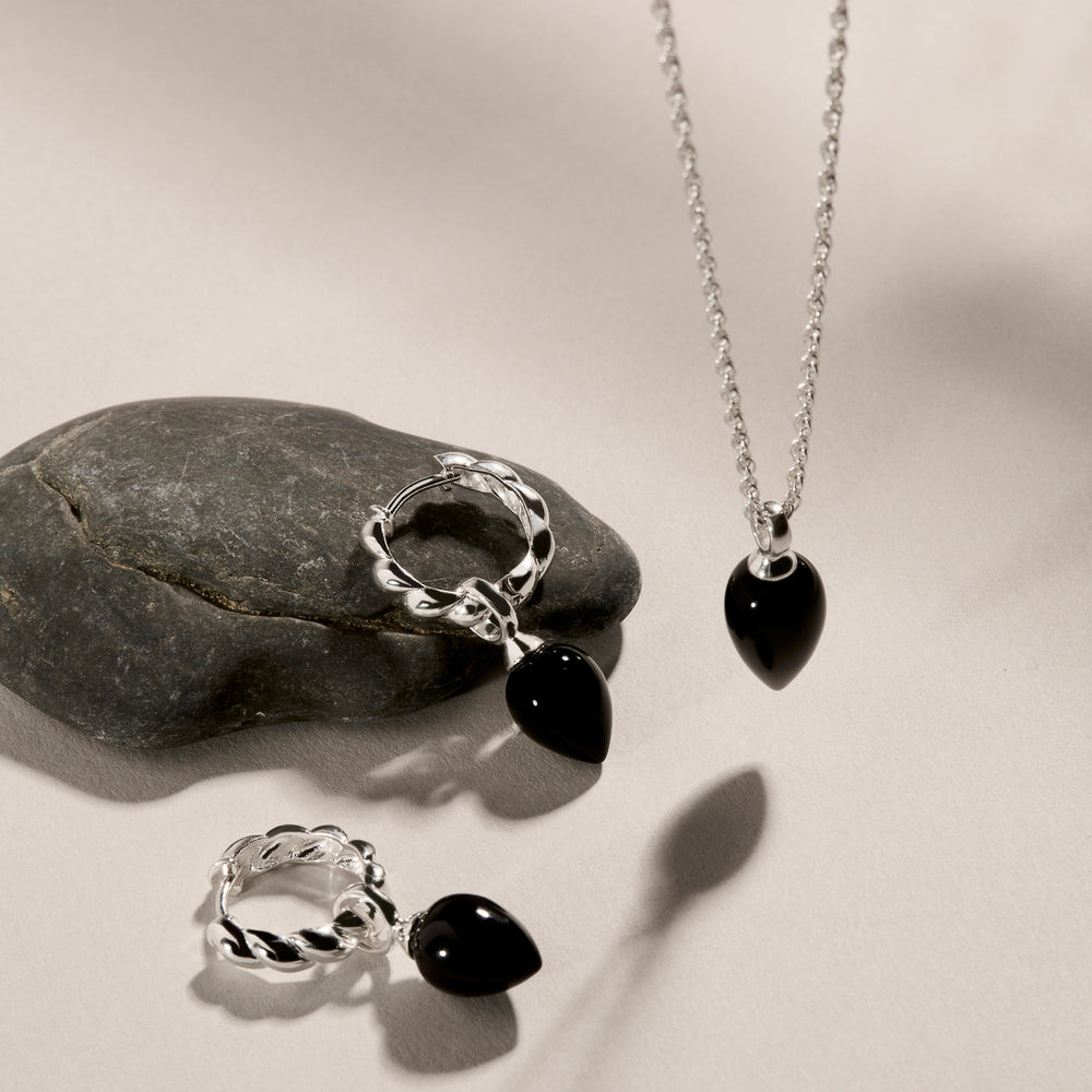 Najo Silver Dew Drop Black Onyx Huggie Earrings