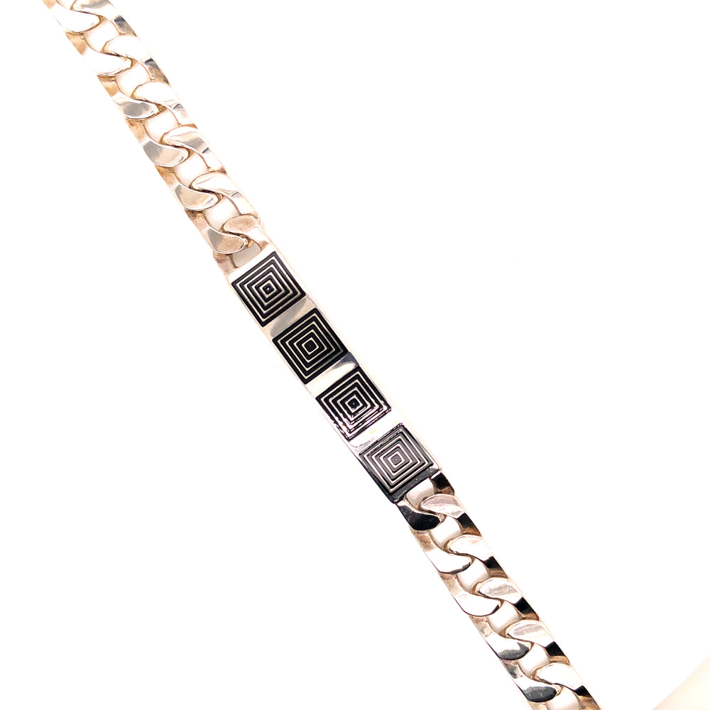 SS Large curb link 10mm Bracelet with blk square pattern 21cm