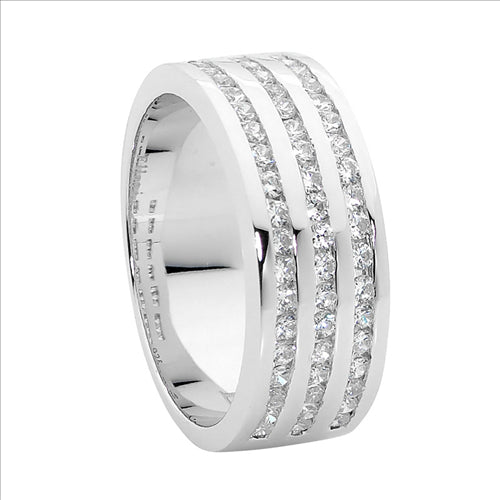 Sterling silver wh cubic zirconia 3 row channel set ring