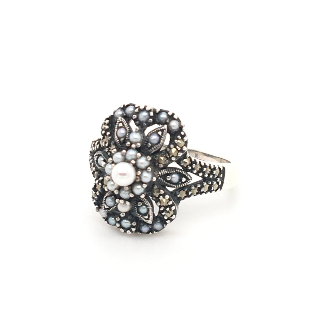 SS Marcasite & Pearl Ring