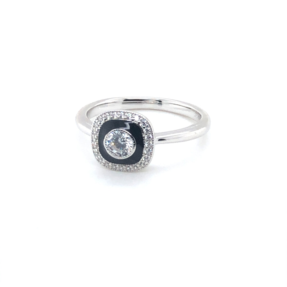 SS Black Enamel & CZ Ring