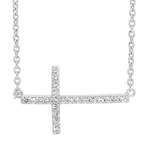 STERLING SILVER WH CUBIC ZIRCONIA CROSS PENDANT - ATTACHED CHAIN