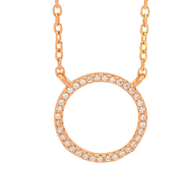 Sterling Silver Rose Gold Plated Cubic Zirconia Circle Pendant & Chain,