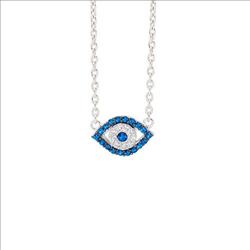SS WH & Dark Blue CZ Evil Eye Necklace