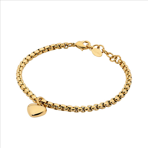 STAINLESS STEEL ROUND BOX CHAIN W/ HEART CHARM BRACELET W/ GOLD IP PLATING - RRP $79