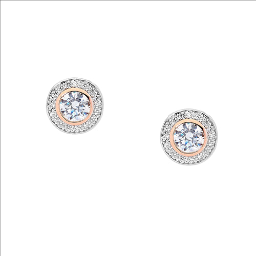 STERLING SILVER ROUND WH CUBIC ZIRCONIA W/ ROSE GOLD PLATING & WH CUBIC ZIRCONIA SURROUND EARRINGS