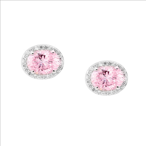 Sterling silver light pink oval cubic zirconia surround earrings
