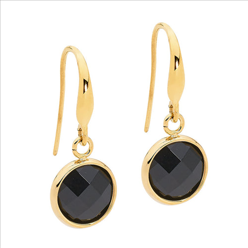 STAINLESS STEEL EARRINGS W/ ROUND BLACK GLASS DROP & GOLD IP PLATING - RRP $49