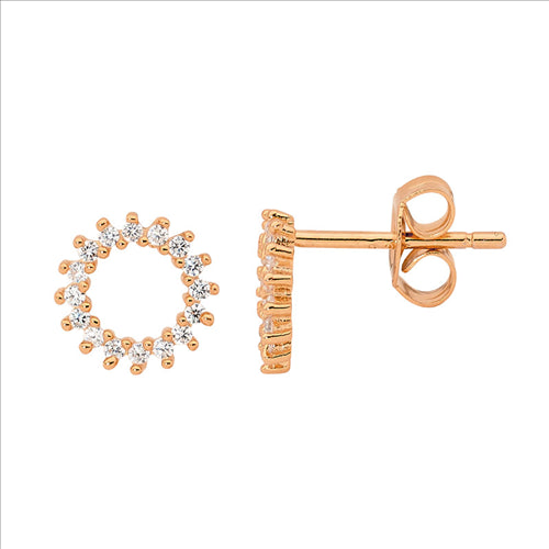 SS WH CZ 9mm Open Circle Claw Set Earrings w/ Rose Gold Plating