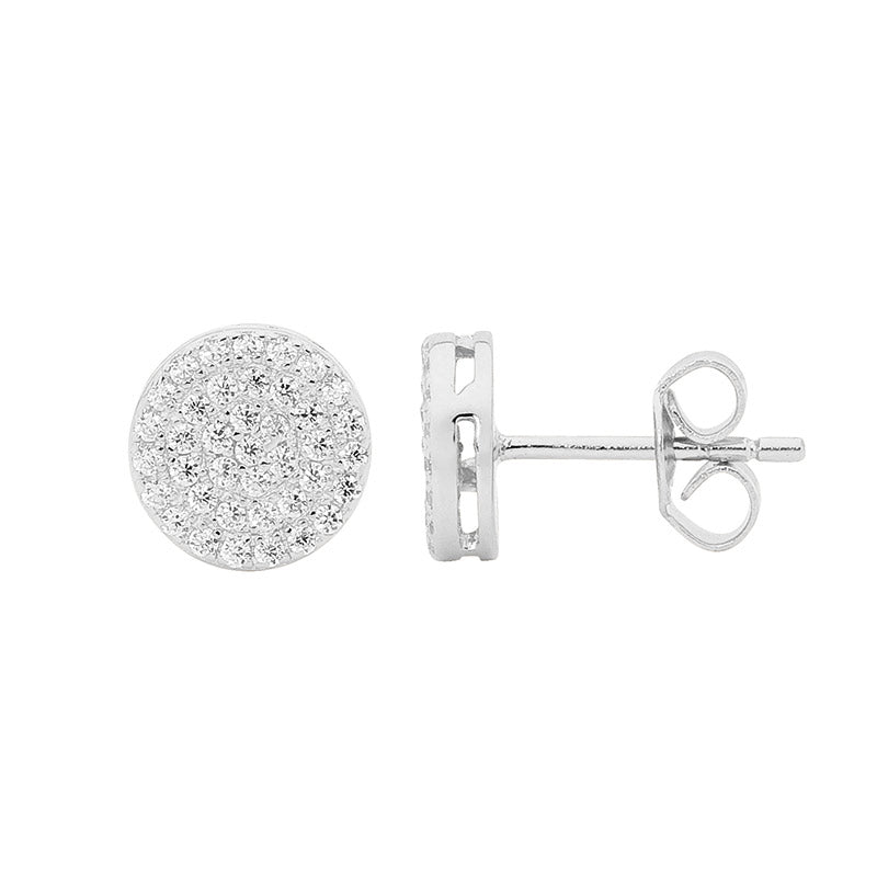SS WH CZ Pave 8mm Circle Stud Earrings