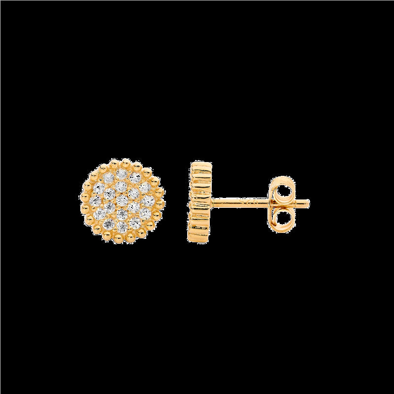 SS YG Plated Pave Round Stud Earrings