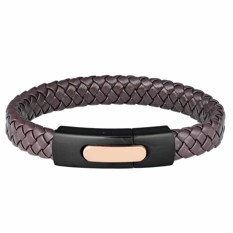 Brown Leather Stainless Steel Bangle Bracelet