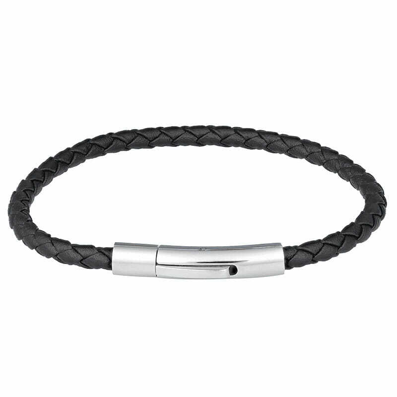Black Leather Stainless Steel Bangle Bracelet